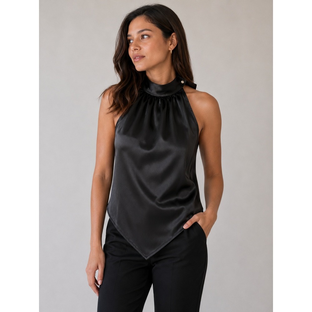 Top Chic Womens Dress Top Large Black Satin Halter High Neck Evening Chic Core